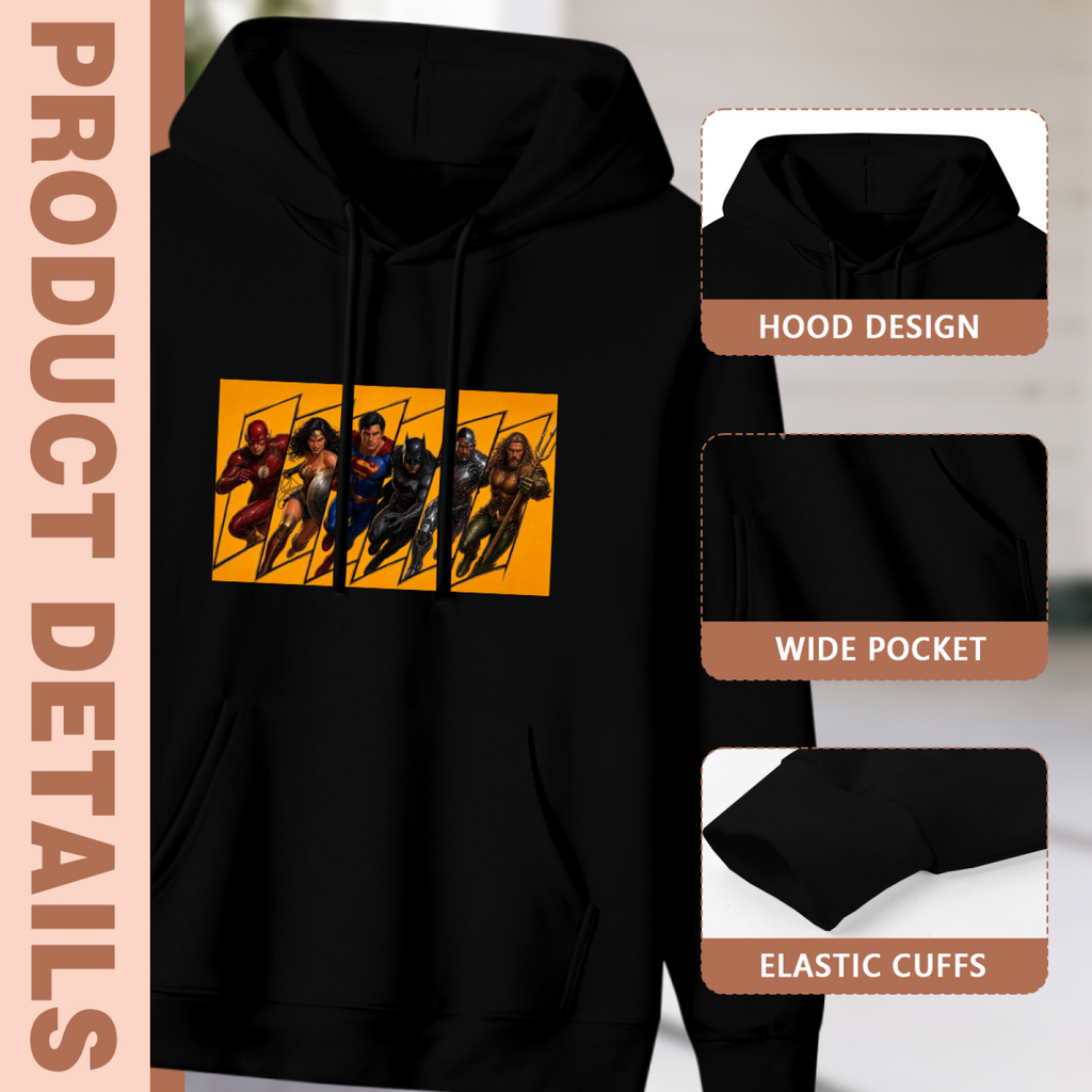 Women's Figures Moving Together hoodie product-feature illustration with close views of the hood, pocket and cuffs