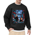 On-model product photo: men's crewneck sweatshirt bearing travelers among floating holographic displays in a futuristic city