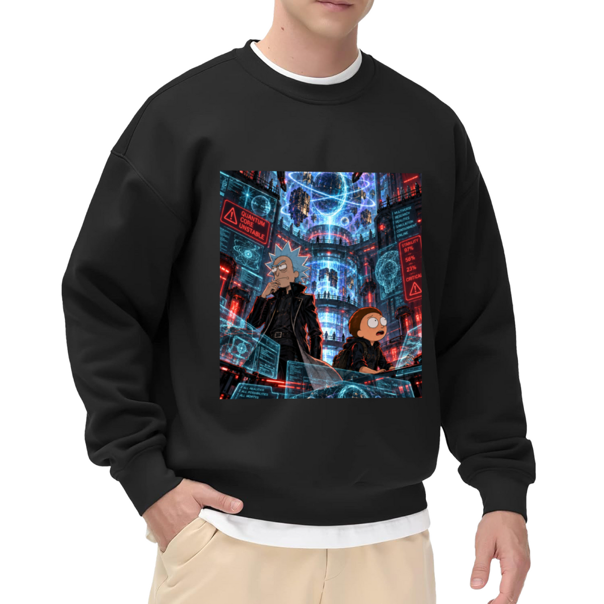 On-model product photo: men's crewneck sweatshirt bearing travelers among floating holographic displays in a futuristic city
