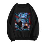 Men's crewneck sweatshirt photographed alone, with travelers among floating holographic displays in a futuristic city on the front