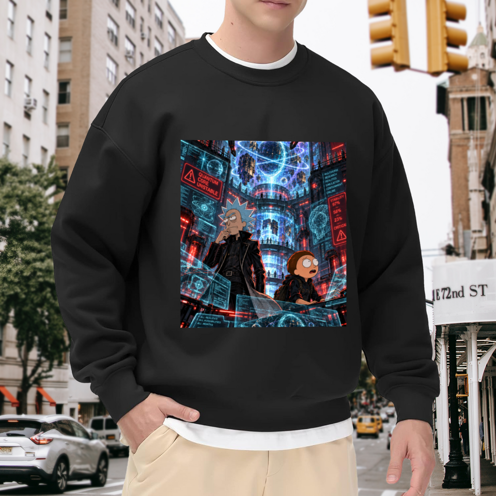 Lifestyle image outdoors: men's crewneck sweatshirt with a front graphic of travelers among floating holographic displays in a futuristic city