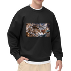 Front-facing model wearing a men's crewneck sweatshirt decorated with a trident-bearing cat surrounded by surging waves in a sea battle