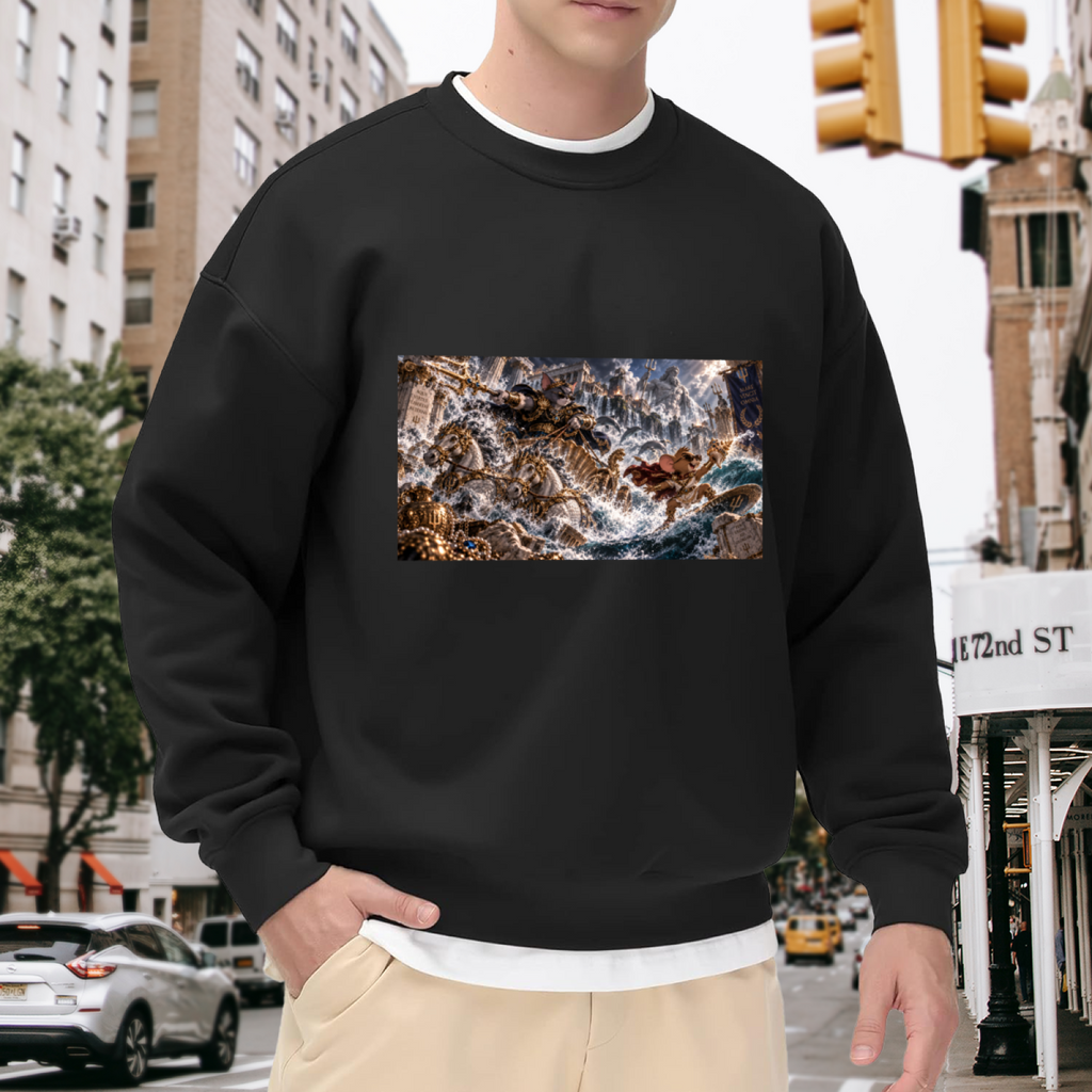 Outdoor photograph of a model in a men's crewneck sweatshirt bearing a trident-bearing cat surrounded by surging waves in a sea battle