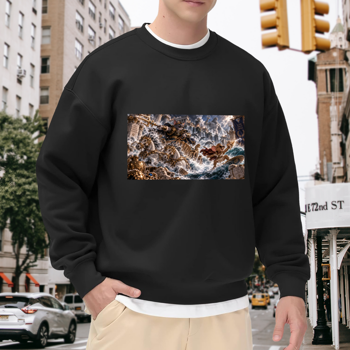 Outdoor photograph of a model in a men's crewneck sweatshirt bearing a trident-bearing cat surrounded by surging waves in a sea battle