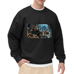Front-facing model wearing a men's crewneck sweatshirt decorated with a feline court in an icy throne hall with elaborate frozen architecture