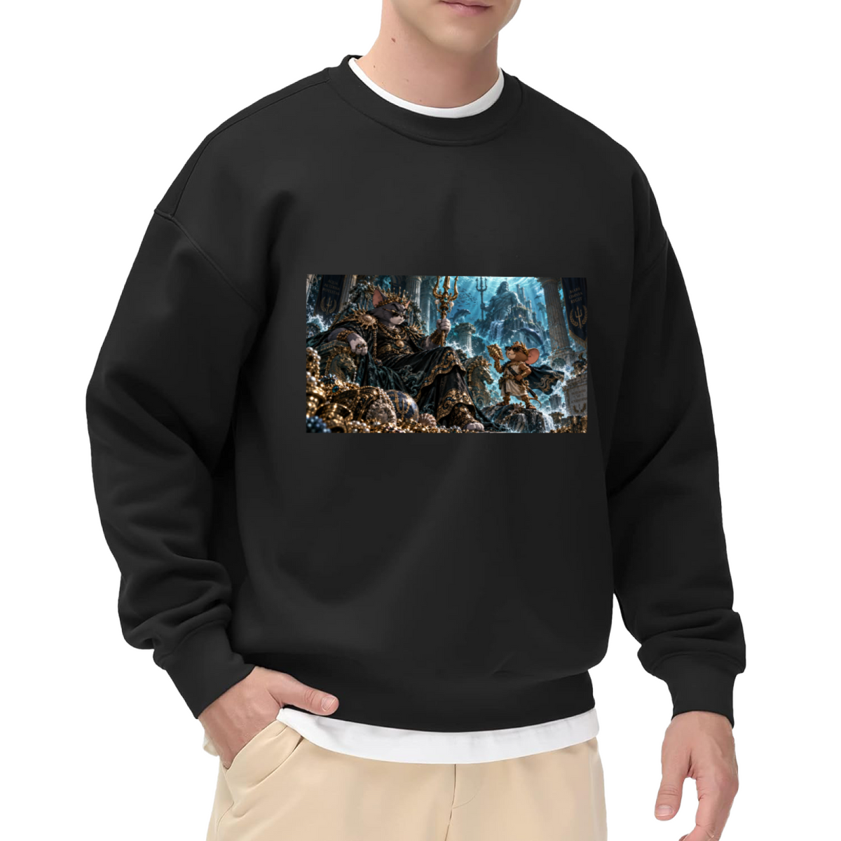 Front-facing model wearing a men's crewneck sweatshirt decorated with a feline court in an icy throne hall with elaborate frozen architecture