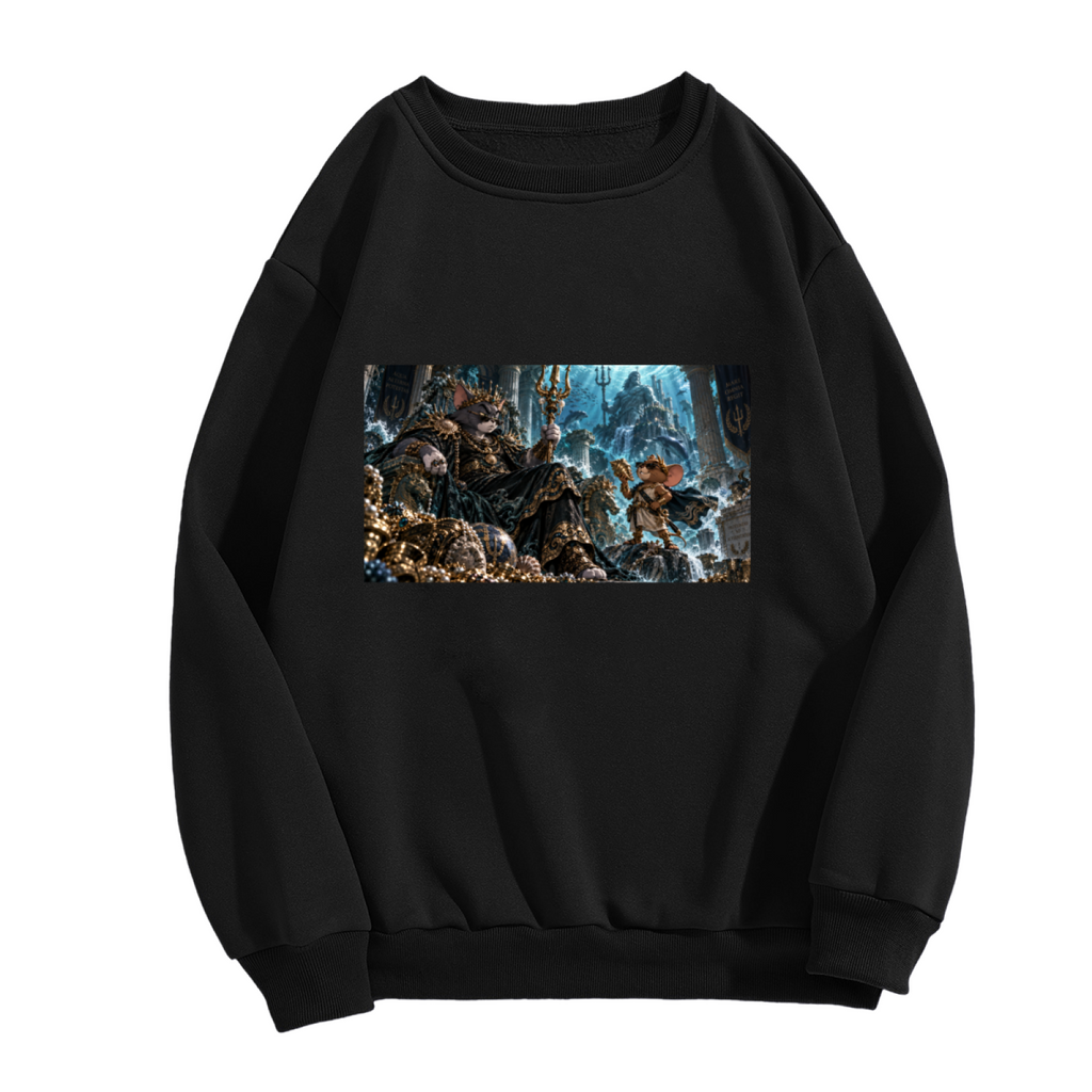 A feline court in an icy throne hall with elaborate frozen architecture shown on the front of a men's crewneck sweatshirt in a standalone product shot