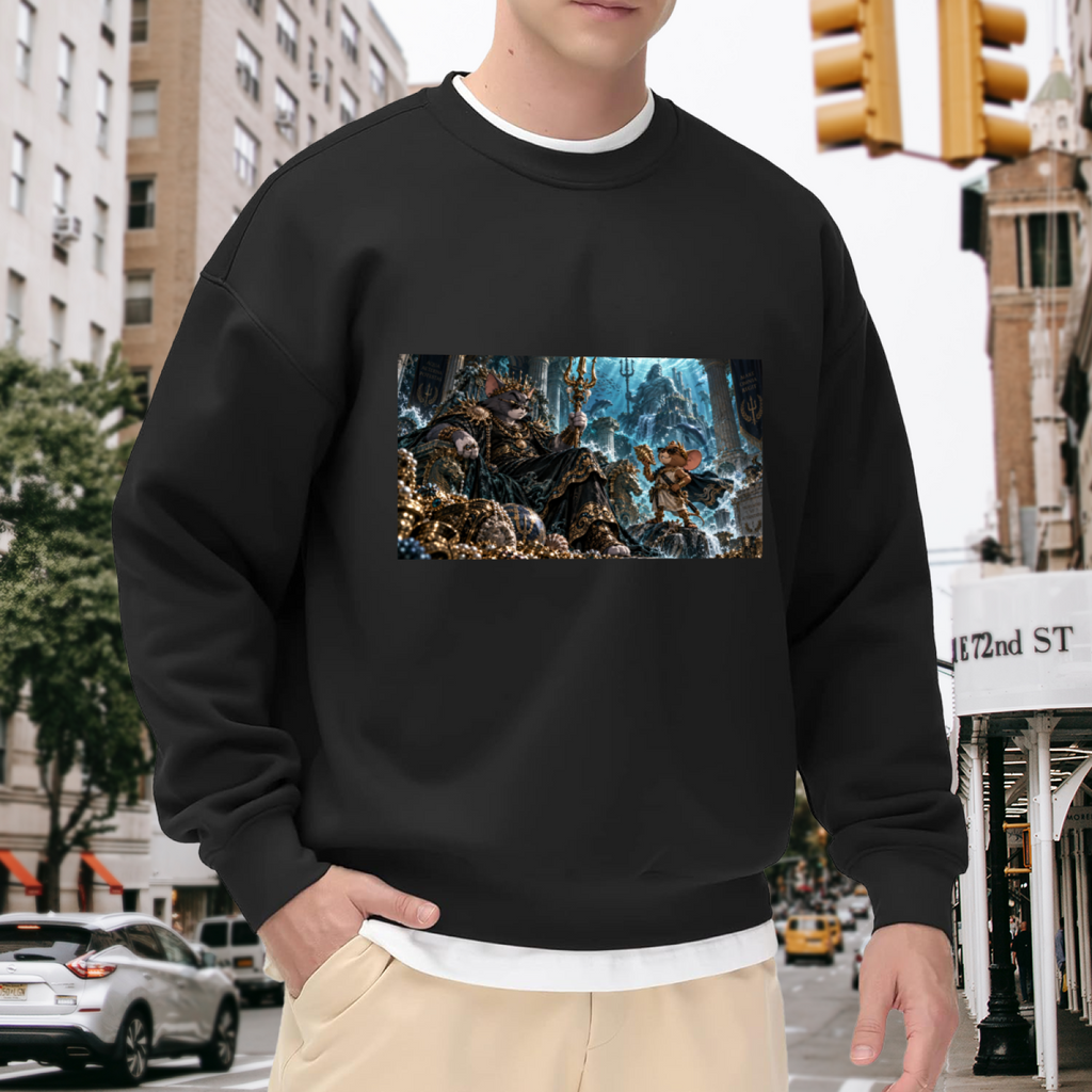 Outdoor photograph of a model in a men's crewneck sweatshirt bearing a feline court in an icy throne hall with elaborate frozen architecture