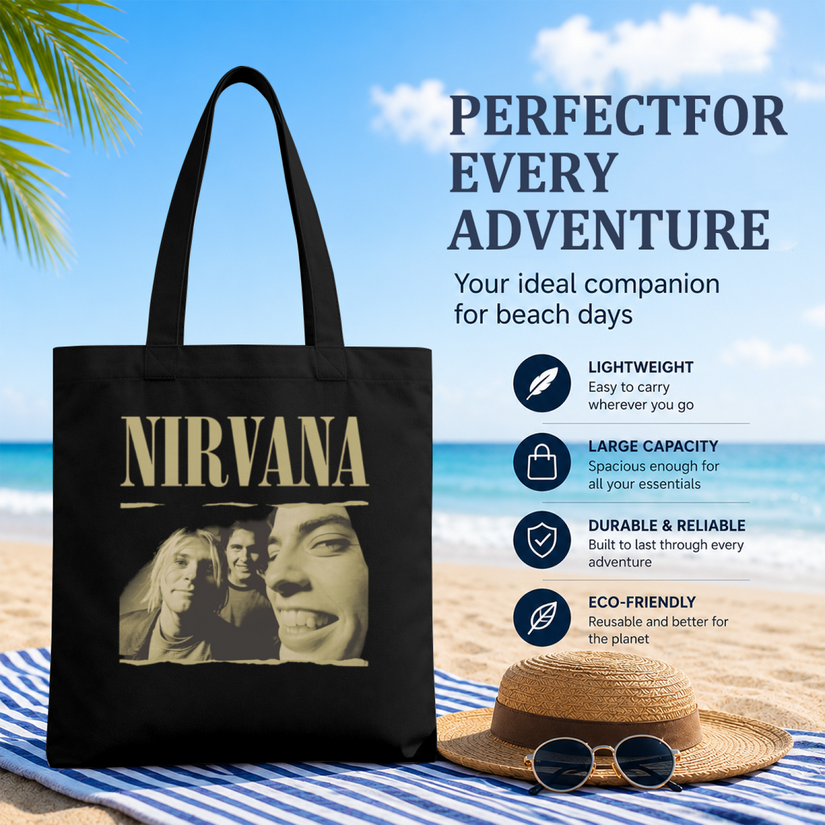Nirvana Torn Edge Graphic Canvas Tote Bag — a torn-edge style graphic theme