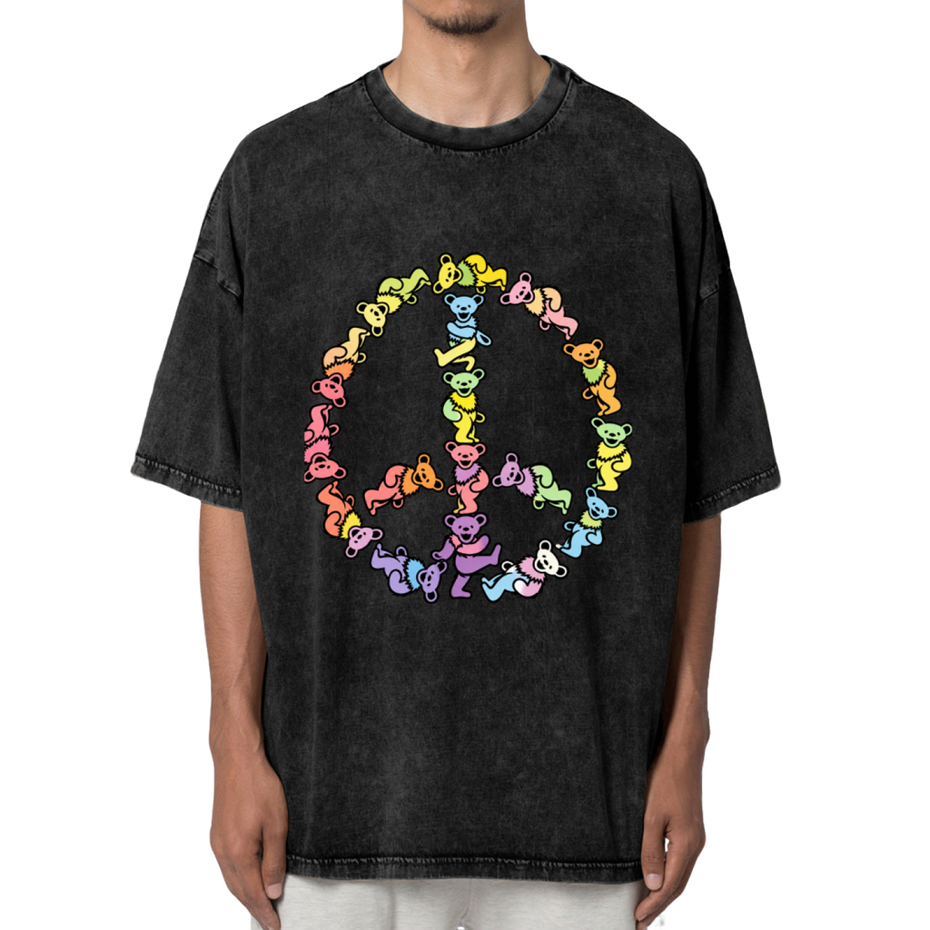 Front view of Grateful Dead Rainbow Dancing Bears Peace Sign washed graphic T-shirt
