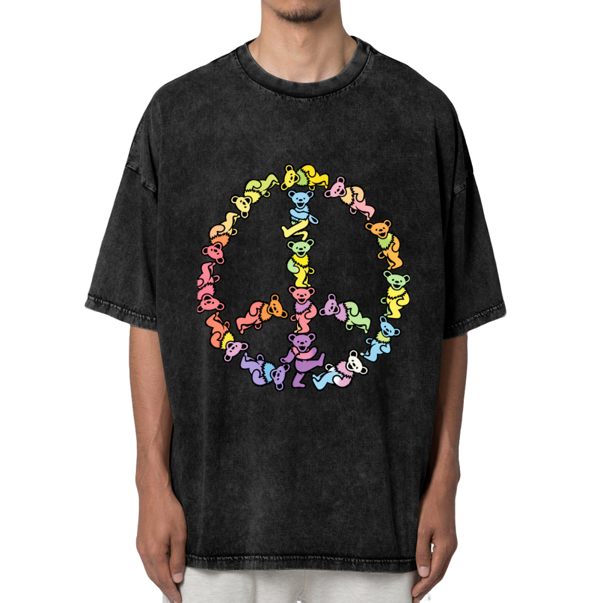 Front view of Grateful Dead Rainbow Dancing Bears Peace Sign washed graphic T-shirt