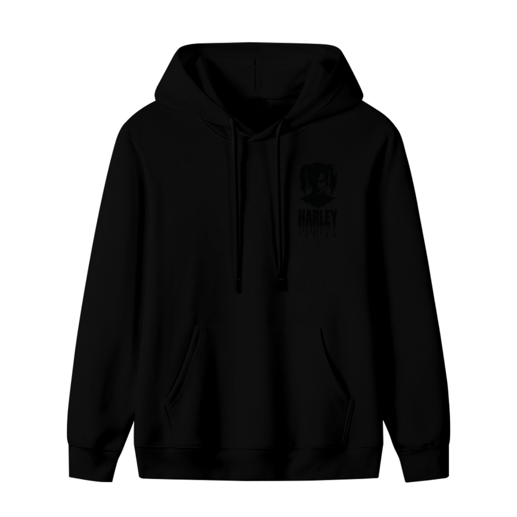 Unworn men's hoodie, front view of the design depicting a compact pigtail silhouette with ink-style lettering