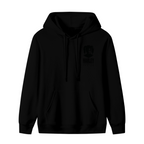 Unworn men's hoodie, front view of the design depicting a compact pigtail silhouette with ink-style lettering