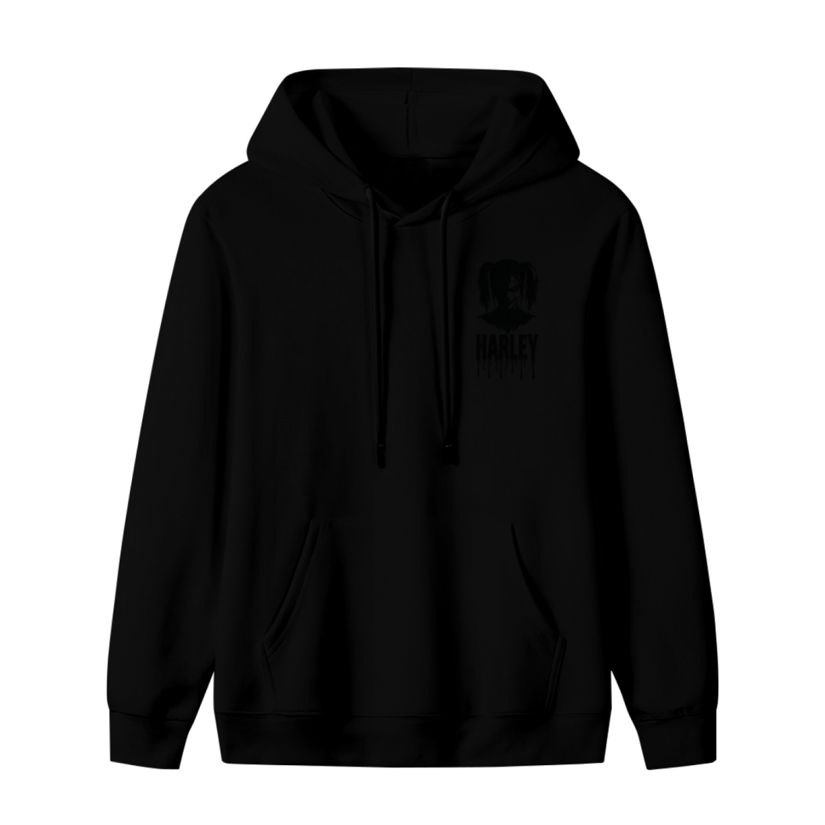 Unworn men's hoodie, front view of the design depicting a compact pigtail silhouette with ink-style lettering