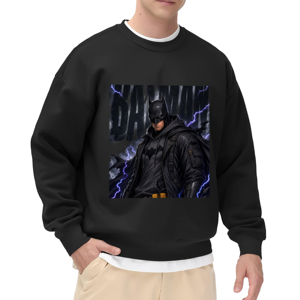 A watchful armored figure surrounded by violet lightning printed on a men's crewneck sweatshirt, shown in a front model photo