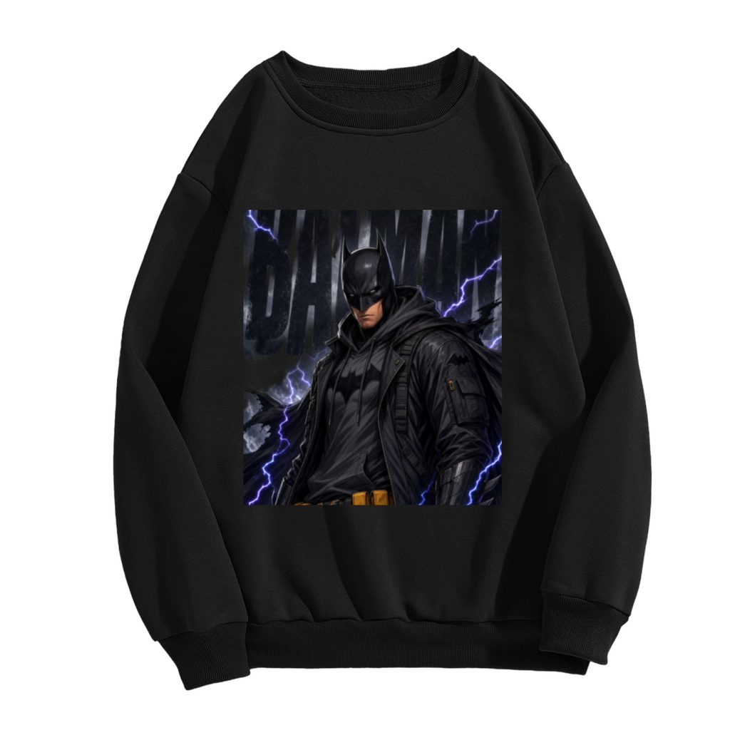 Unworn men's crewneck sweatshirt, front view of the design depicting a watchful armored figure surrounded by violet lightning