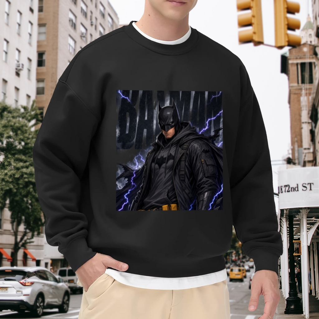 On-location model photograph displaying a watchful armored figure surrounded by violet lightning on the front of a men's crewneck sweatshirt