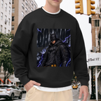 On-location model photograph displaying a watchful armored figure surrounded by violet lightning on the front of a men's crewneck sweatshirt
