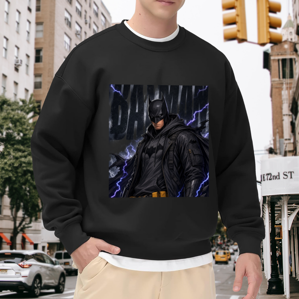 On-location model photograph displaying a watchful armored figure surrounded by violet lightning on the front of a men's crewneck sweatshirt