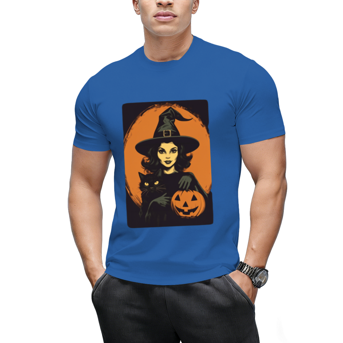 Vintage Witch, Black Cat and Jack-o-lantern Graphic T-Shirt