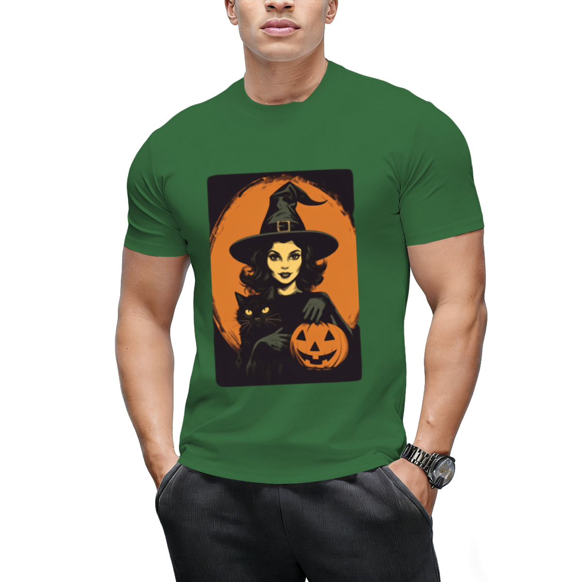 Vintage Witch, Black Cat and Jack-o-lantern Graphic T-Shirt