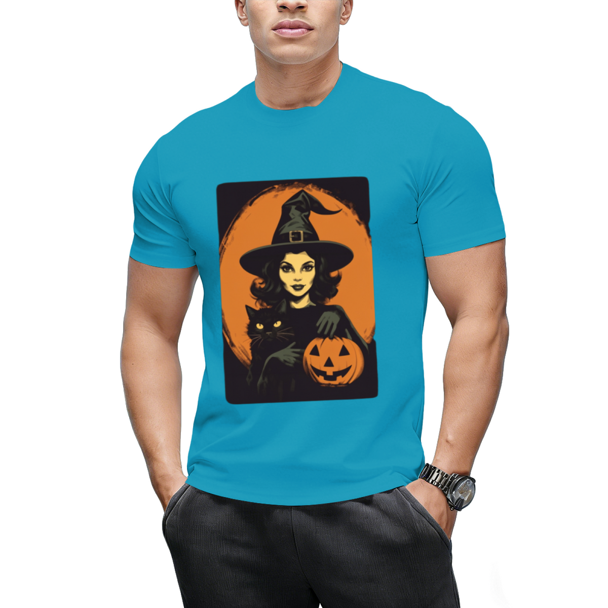 Vintage Witch, Black Cat and Jack-o-lantern Graphic T-Shirt