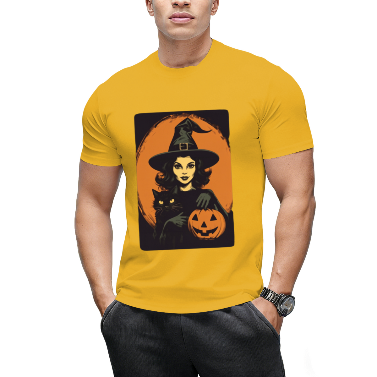 Vintage Witch, Black Cat and Jack-o-lantern Graphic T-Shirt