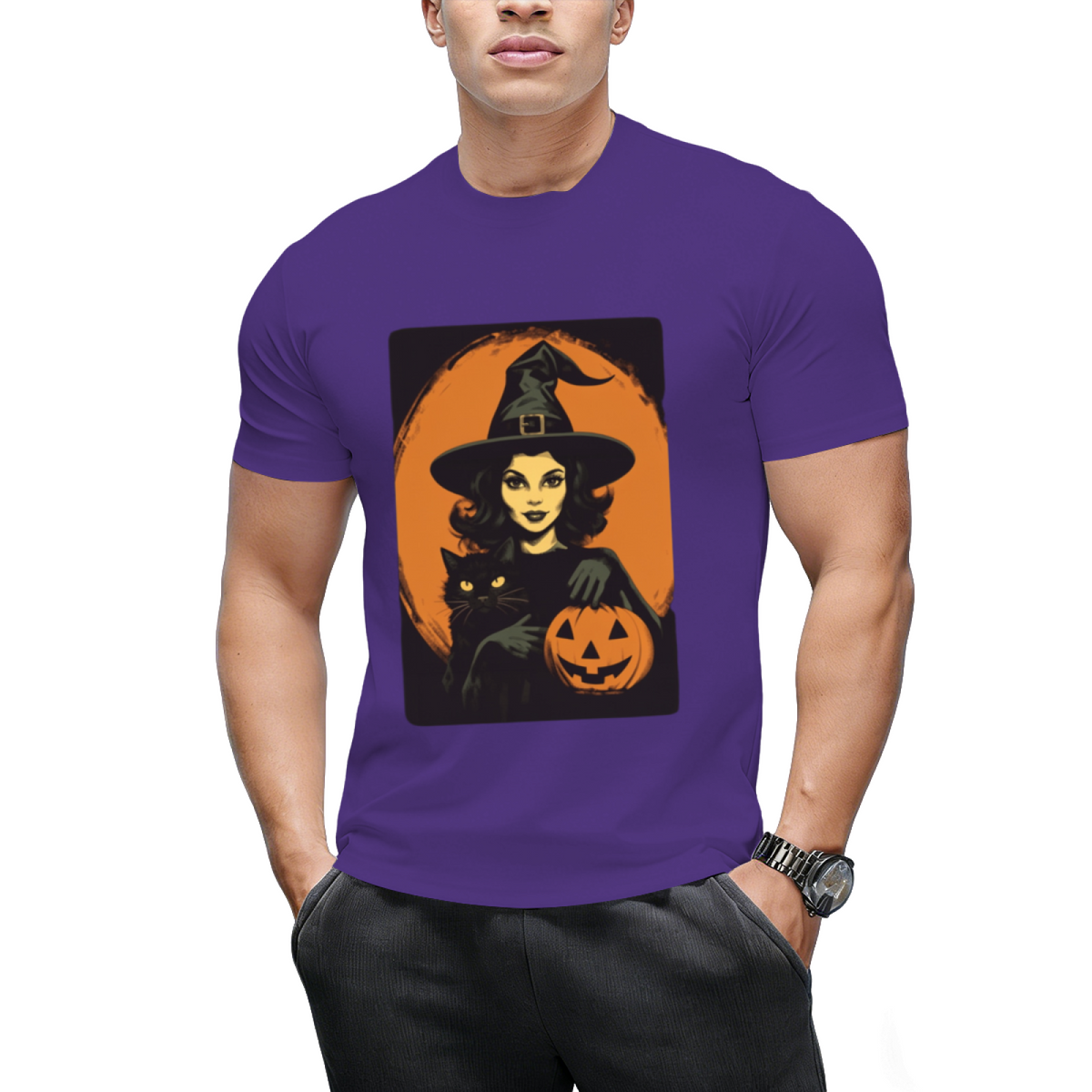 Vintage Witch, Black Cat and Jack-o-lantern Graphic T-Shirt