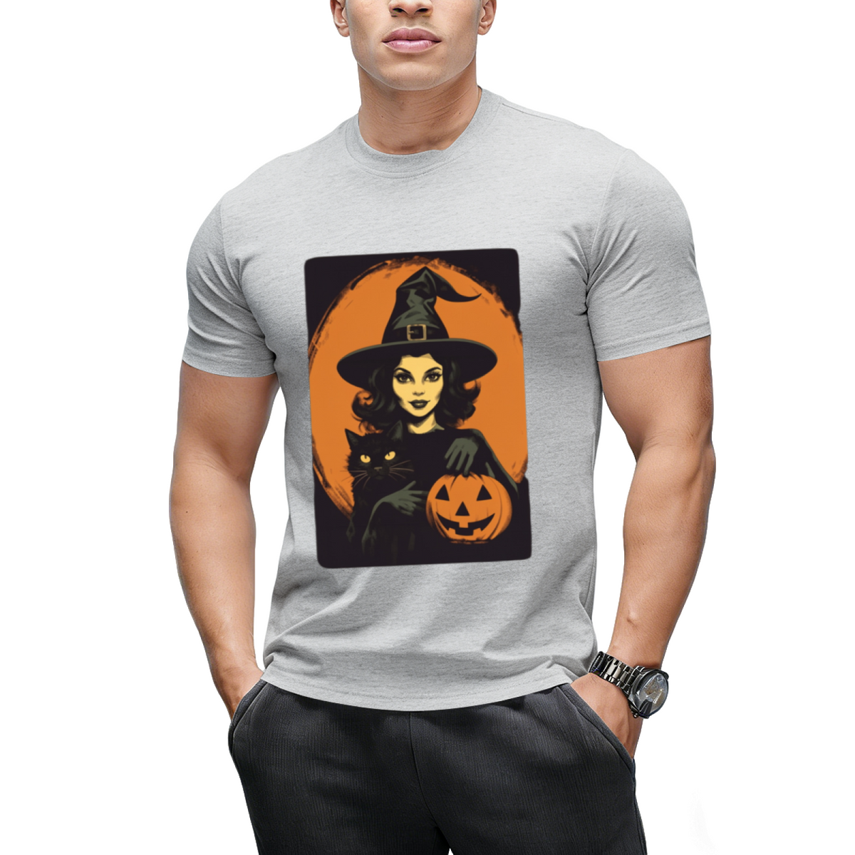 Vintage Witch, Black Cat and Jack-o-lantern Graphic T-Shirt
