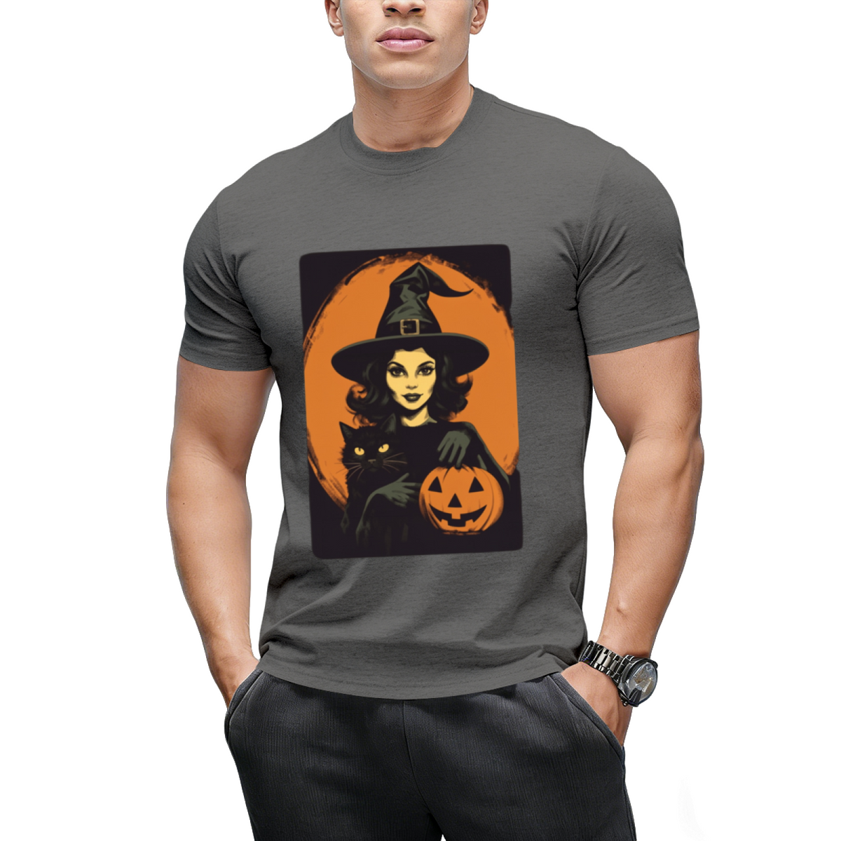 Vintage Witch, Black Cat and Jack-o-lantern Graphic T-Shirt