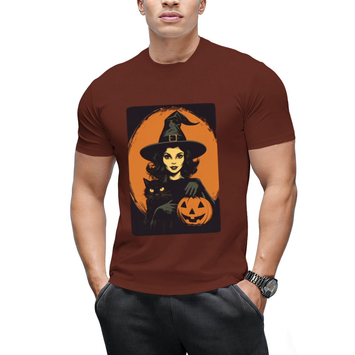 Vintage Witch, Black Cat and Jack-o-lantern Graphic T-Shirt