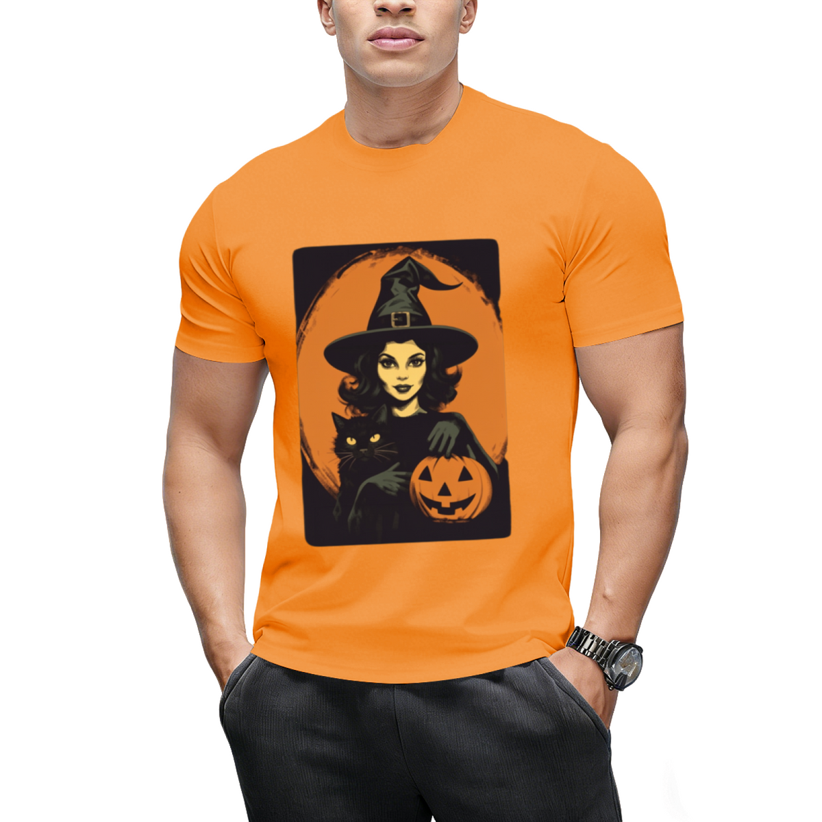 Vintage Witch, Black Cat and Jack-o-lantern Graphic T-Shirt