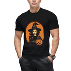 Vintage Witch, Black Cat and Jack-o-lantern Graphic T-Shirt