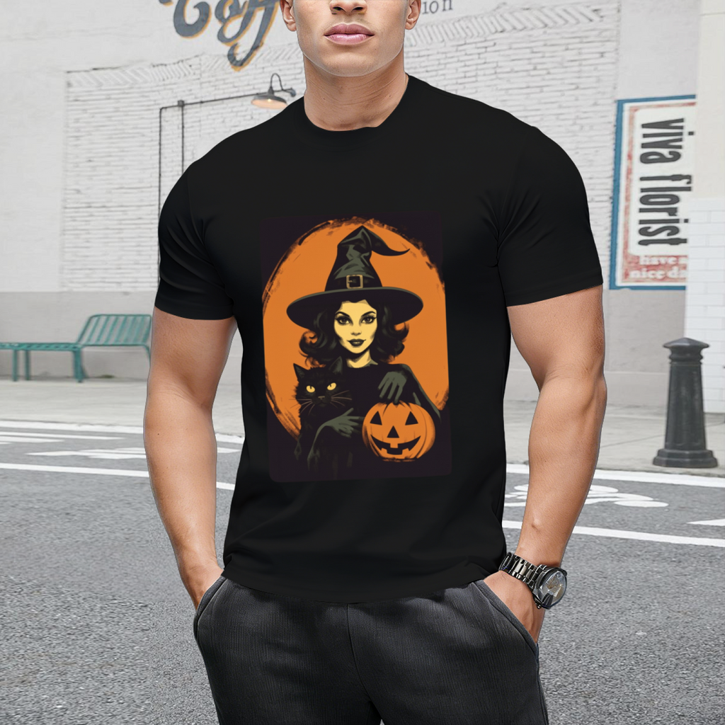 Vintage Witch, Black Cat and Jack-o-lantern Graphic T-Shirt