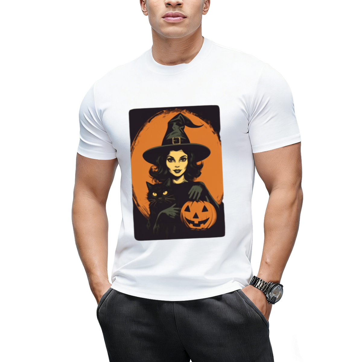 Vintage Witch, Black Cat and Jack-o-lantern Graphic T-Shirt