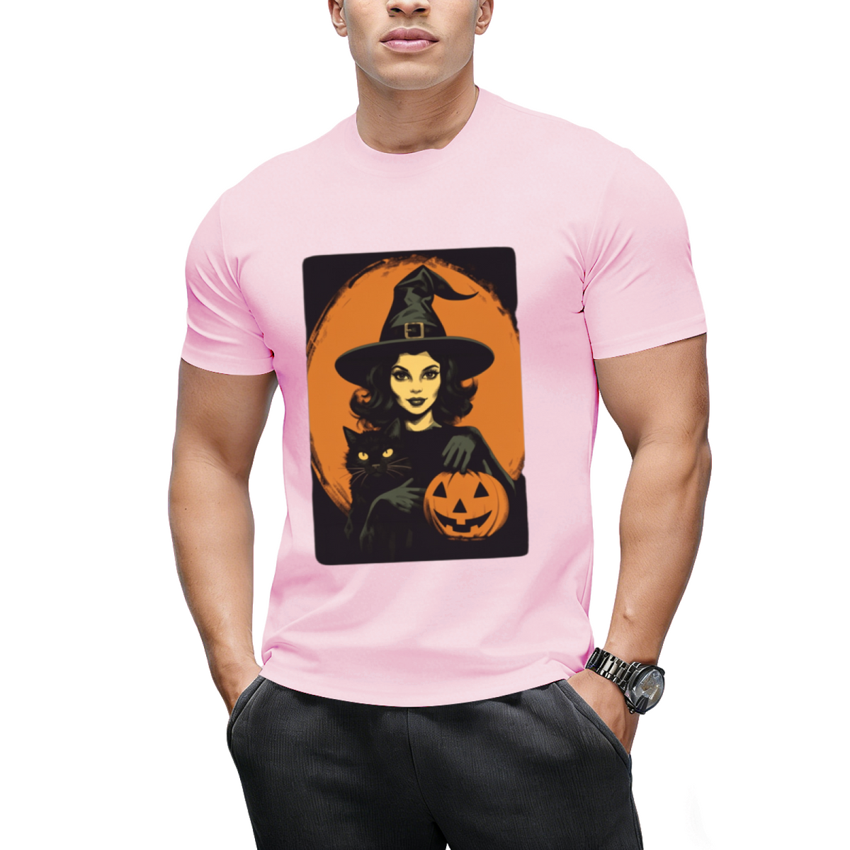 Vintage Witch, Black Cat and Jack-o-lantern Graphic T-Shirt