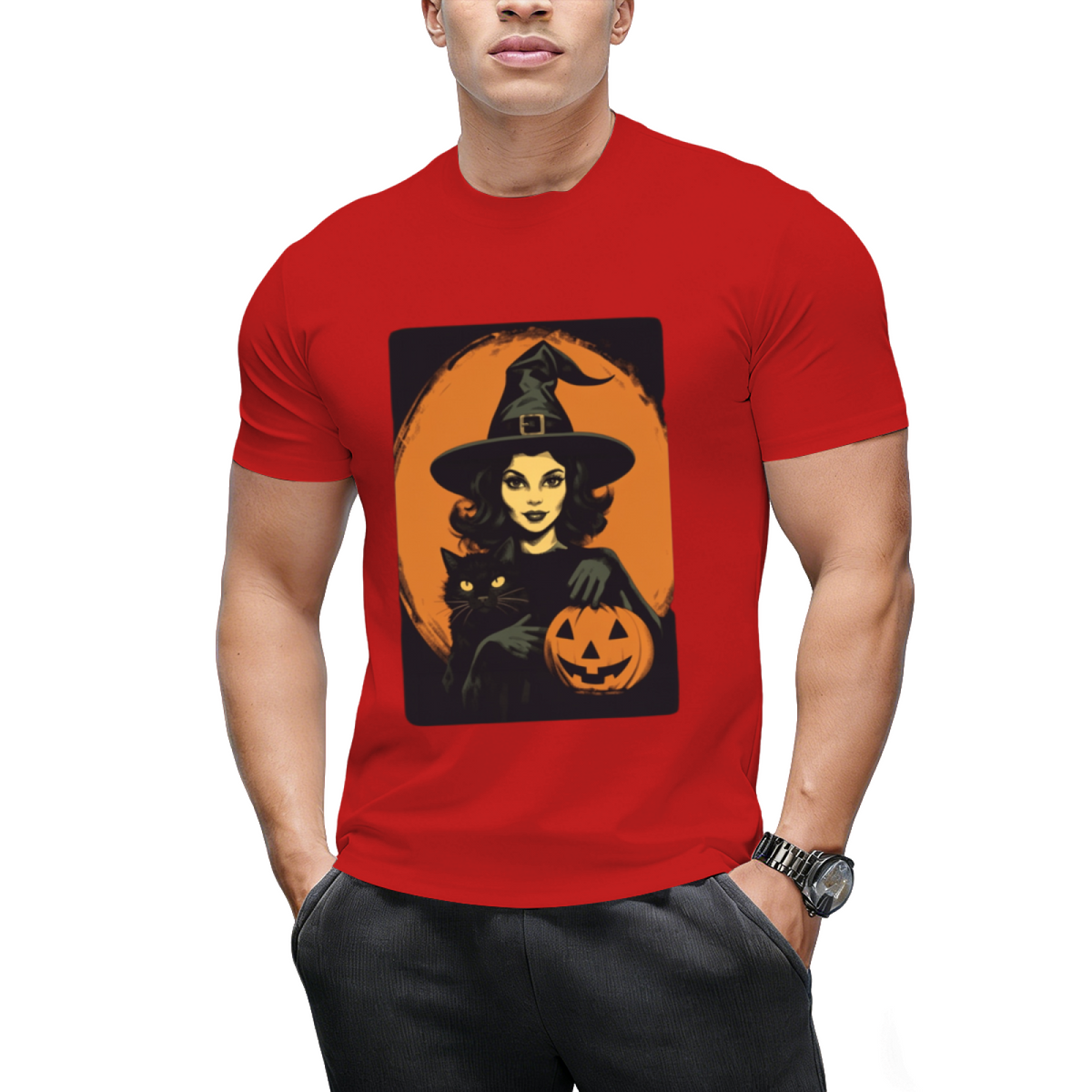 Vintage Witch, Black Cat and Jack-o-lantern Graphic T-Shirt