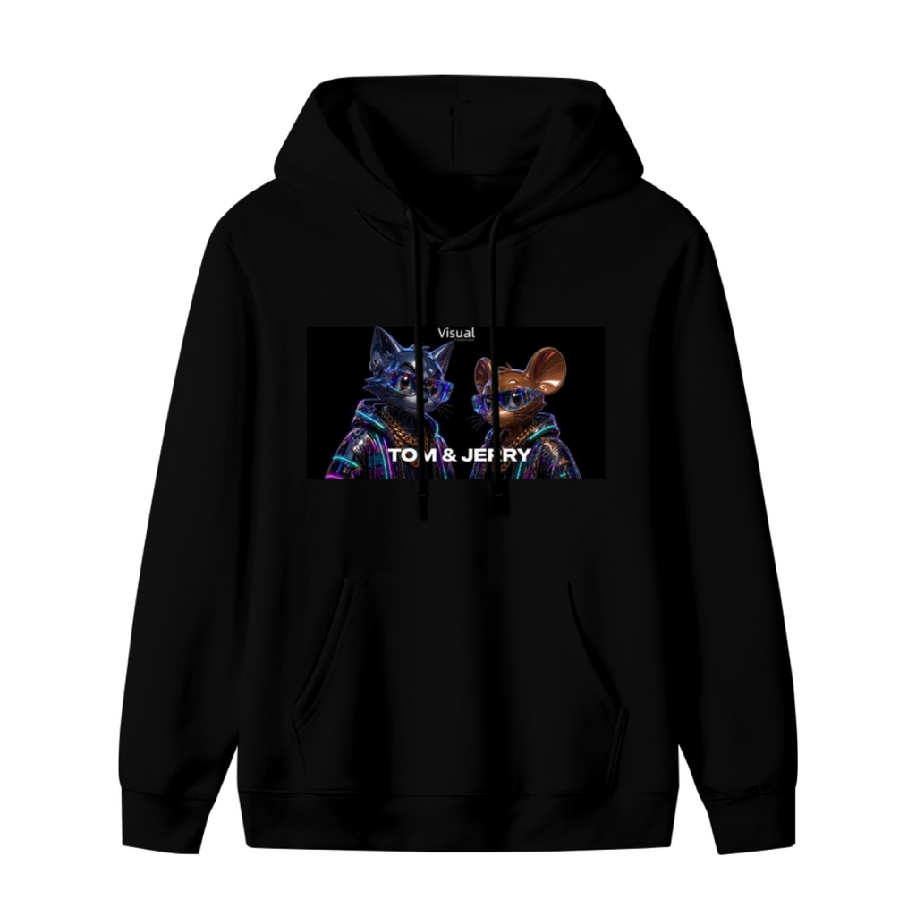 A cartoon cat and mouse against a neon-toned backdrop shown on the front of a men's hoodie in a standalone product shot
