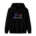 A cartoon cat and mouse against a neon-toned backdrop shown on the front of a men's hoodie in a standalone product shot