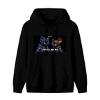 A cartoon cat and mouse against a neon-toned backdrop shown on the front of a men's hoodie in a standalone product shot