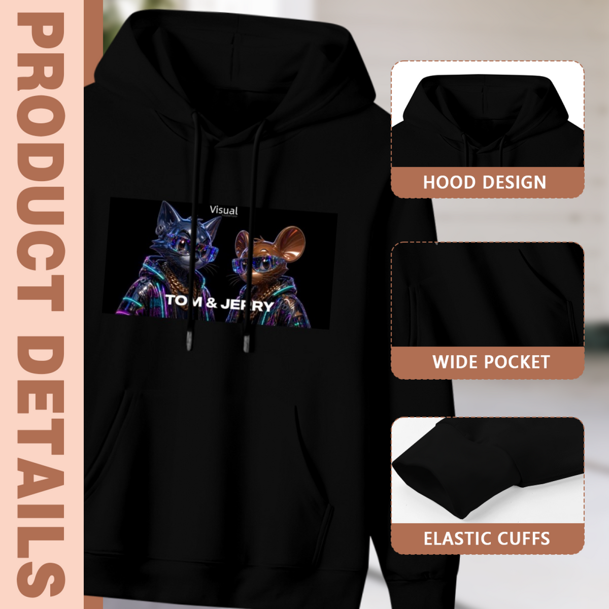 Hood, pouch pocket and sleeve-cuff detail images accompanying the men's Neon-Lit Animal Faces hoodie