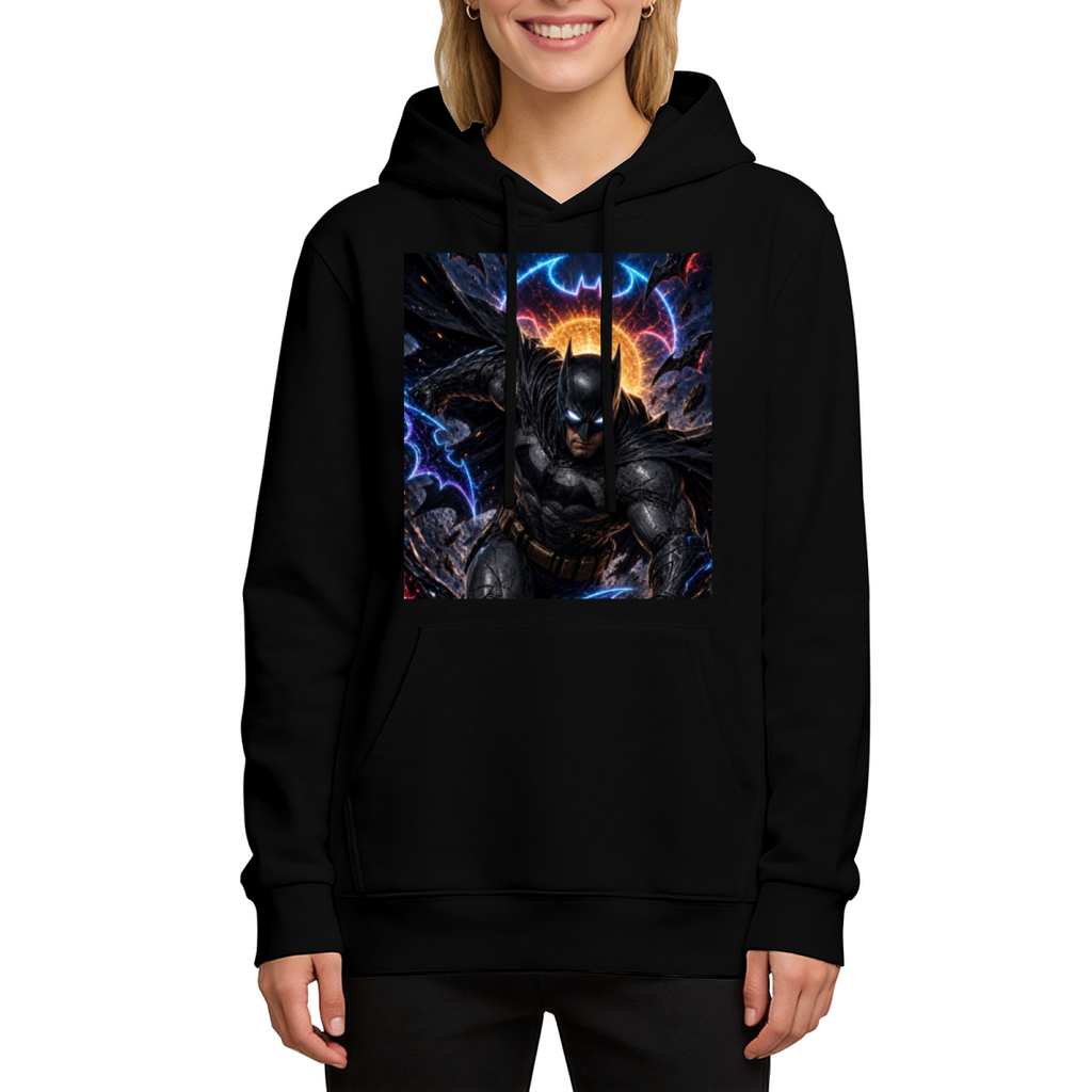 On-model product photo: women's hoodie bearing a winged masked figure leaping amid electric bolts