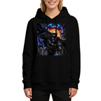 On-model product photo: women's hoodie bearing a winged masked figure leaping amid electric bolts