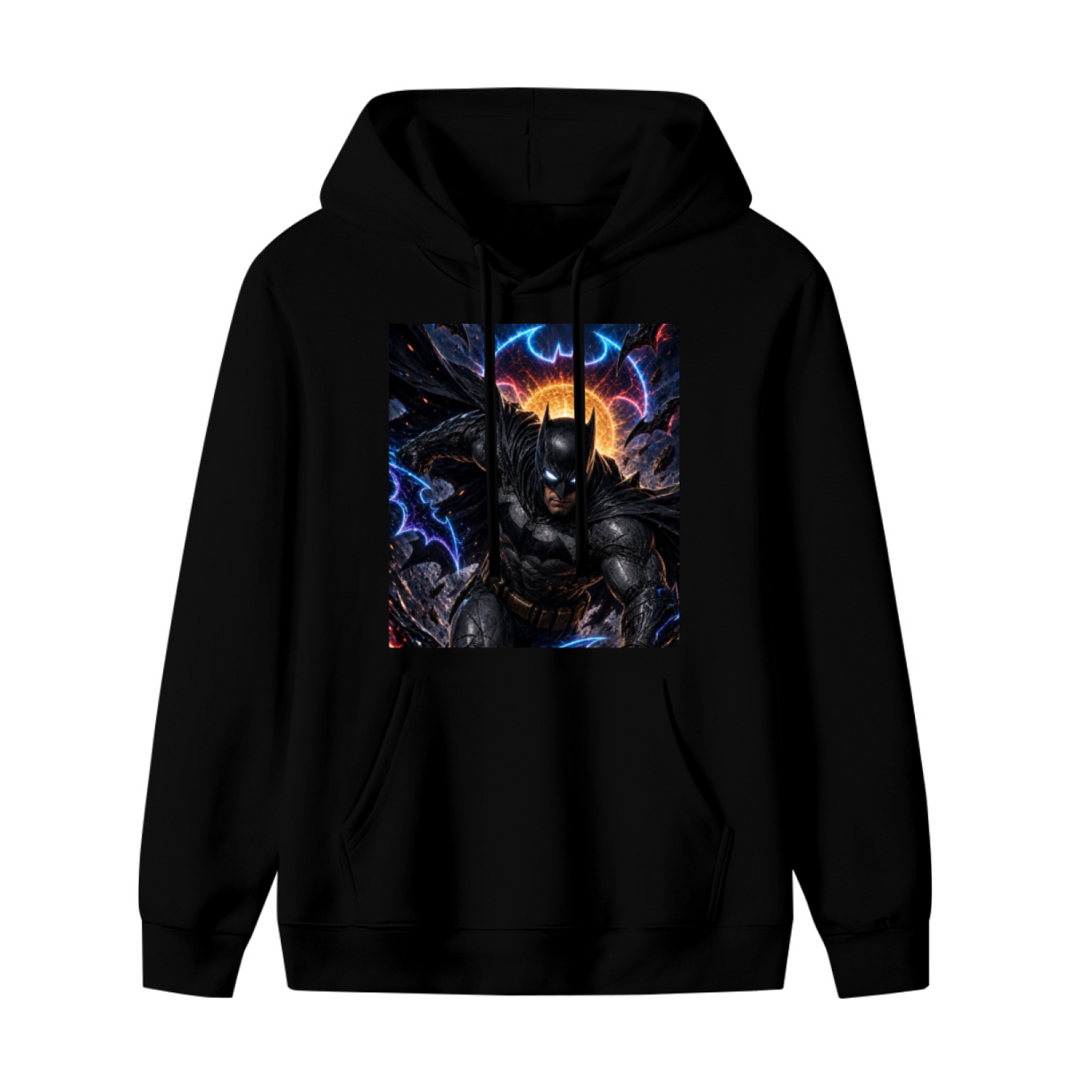 Women's hoodie photographed alone, with a winged masked figure leaping amid electric bolts on the front