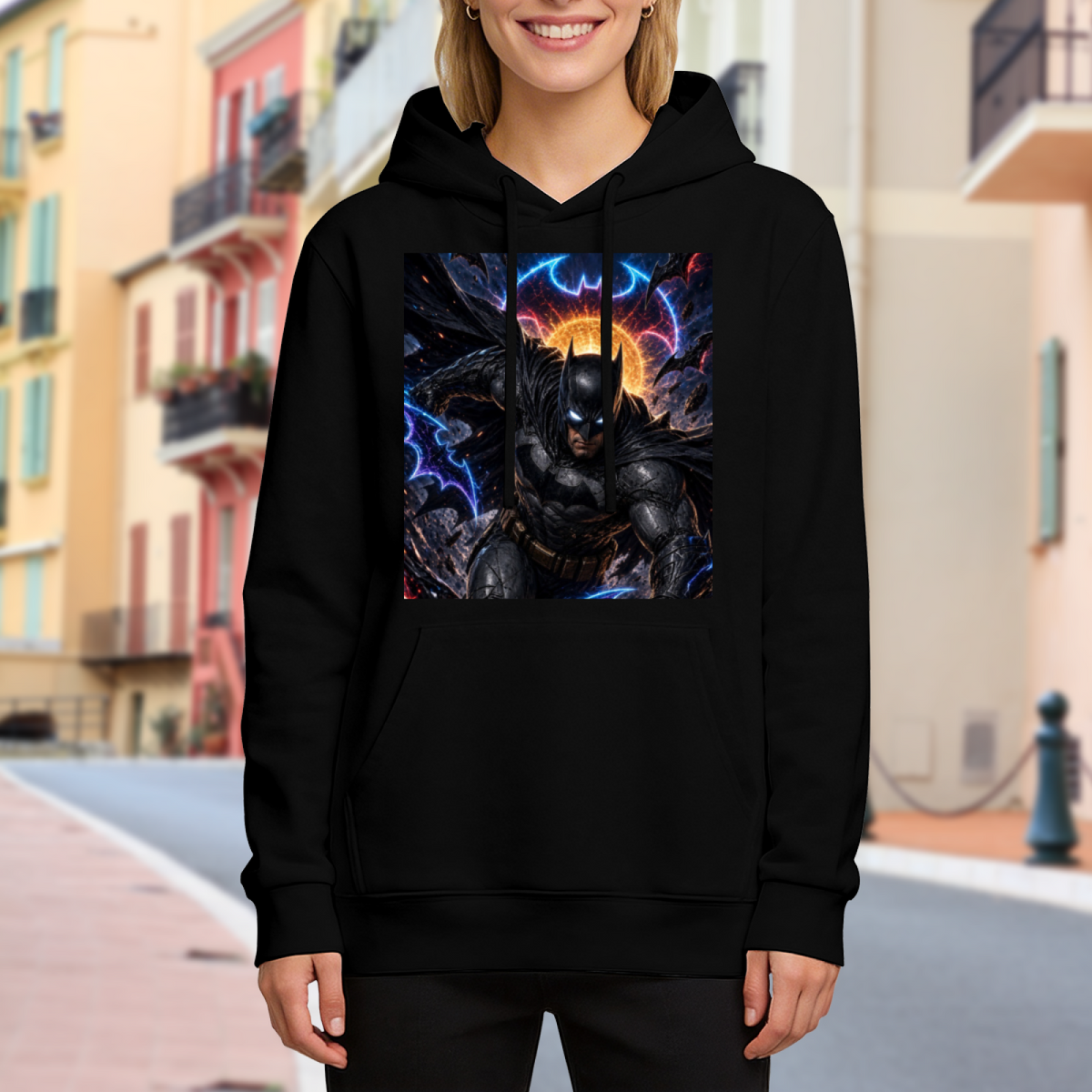 Lifestyle image outdoors: women's hoodie with a front graphic of a winged masked figure leaping amid electric bolts