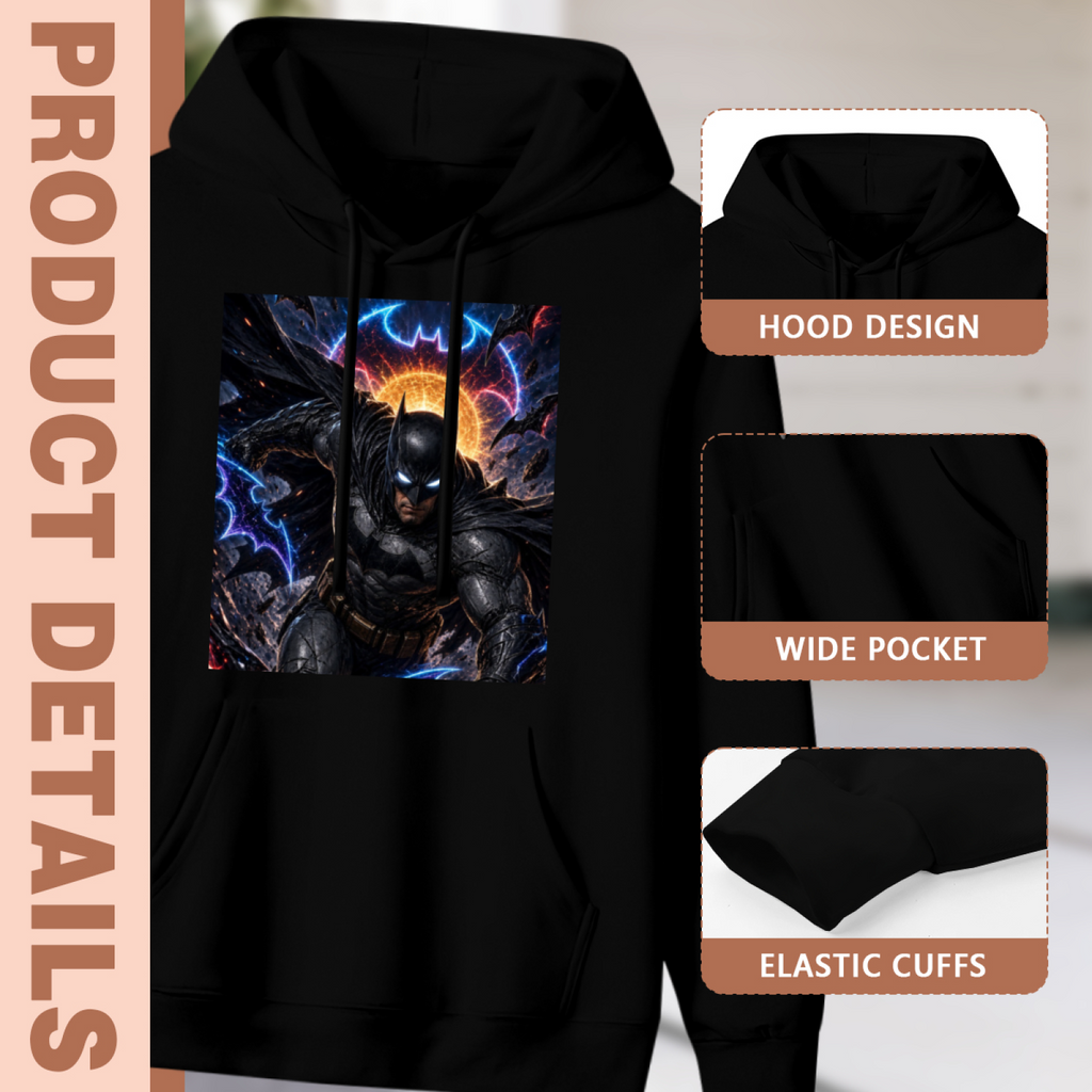 Feature collage for the women's A Lunge in Electric Light hoodie: hood shape, pouch pocket and cuff finishing