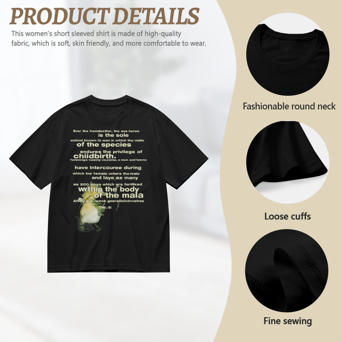 Graphic T-shirt product image with vintage seahorse illustration artwork