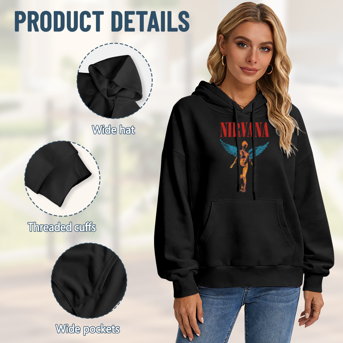 Hoodie product image with in utero blue wing angel artwork