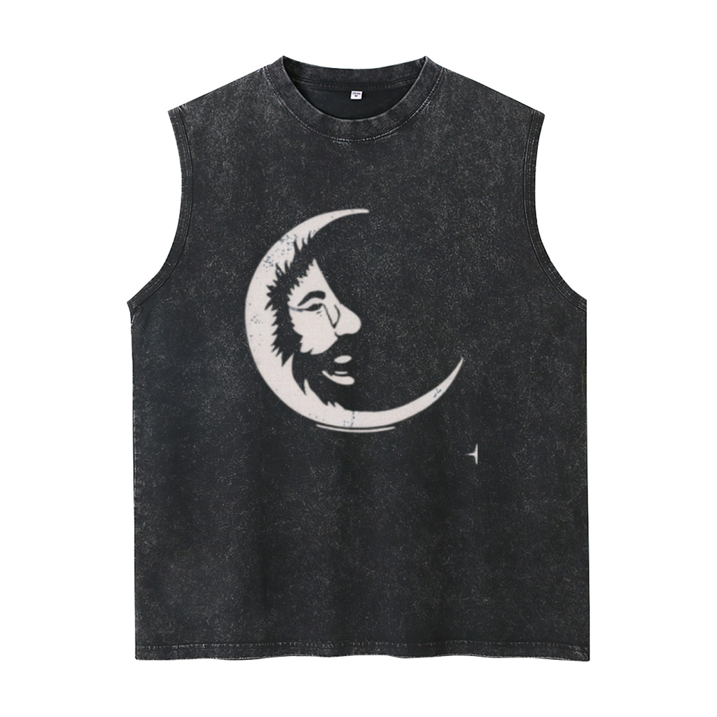 Grateful Dead washed graphic tank top with Blue Tie-dye Jerry Garcia With A White Crescent Moon Face Called Jerry Moon Short graphic