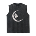 Grateful Dead washed graphic tank top with Blue Tie-dye Jerry Garcia With A White Crescent Moon Face Called Jerry Moon Short graphic